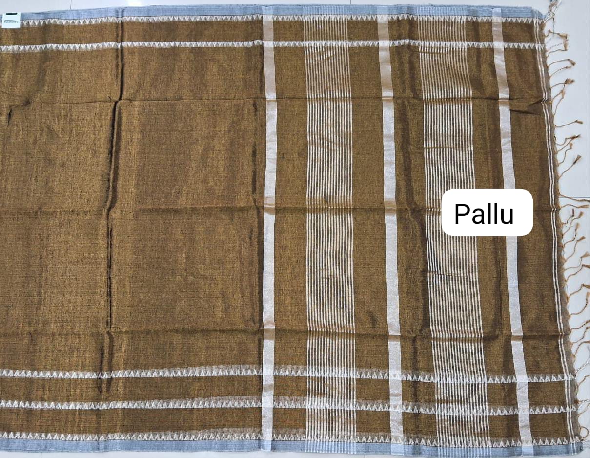Metallic Brown Khadi Tissue Linen Saree Pallu