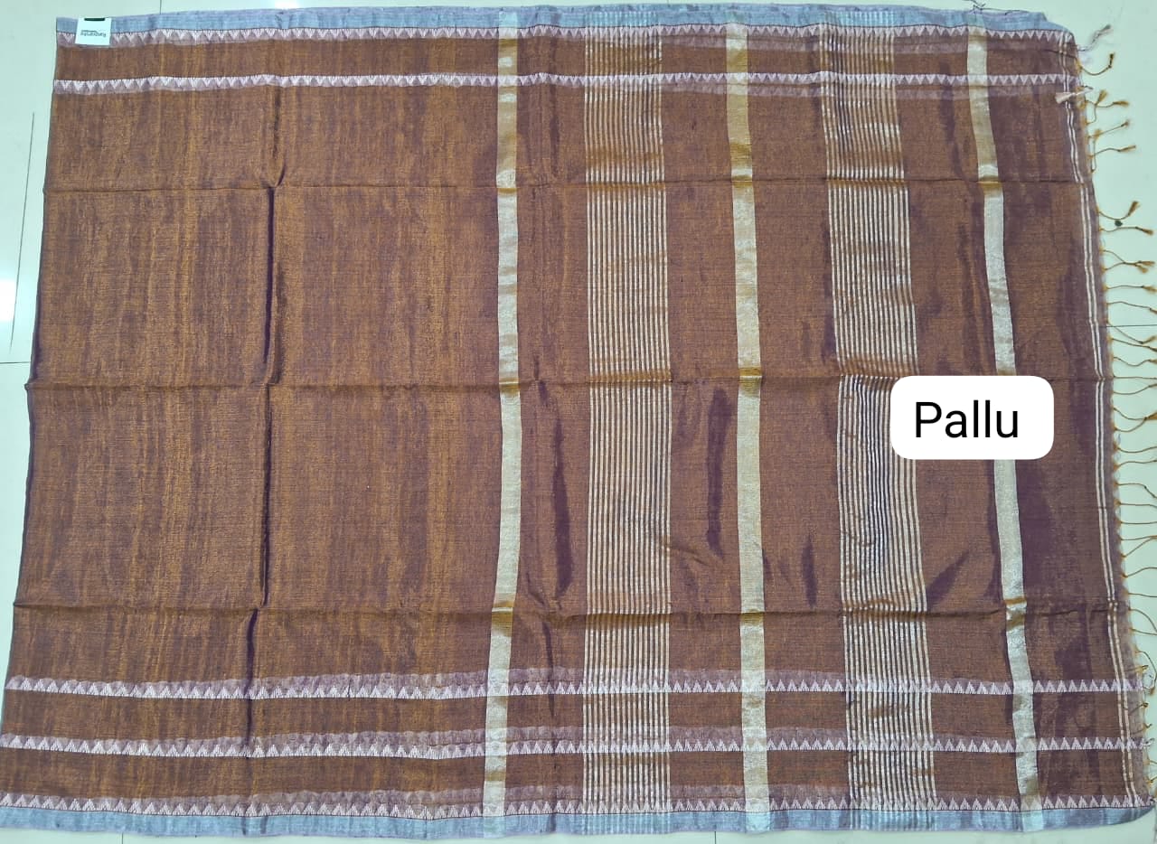 Bronze tone Khadhi Tissue Plain Linen Saree Pallu