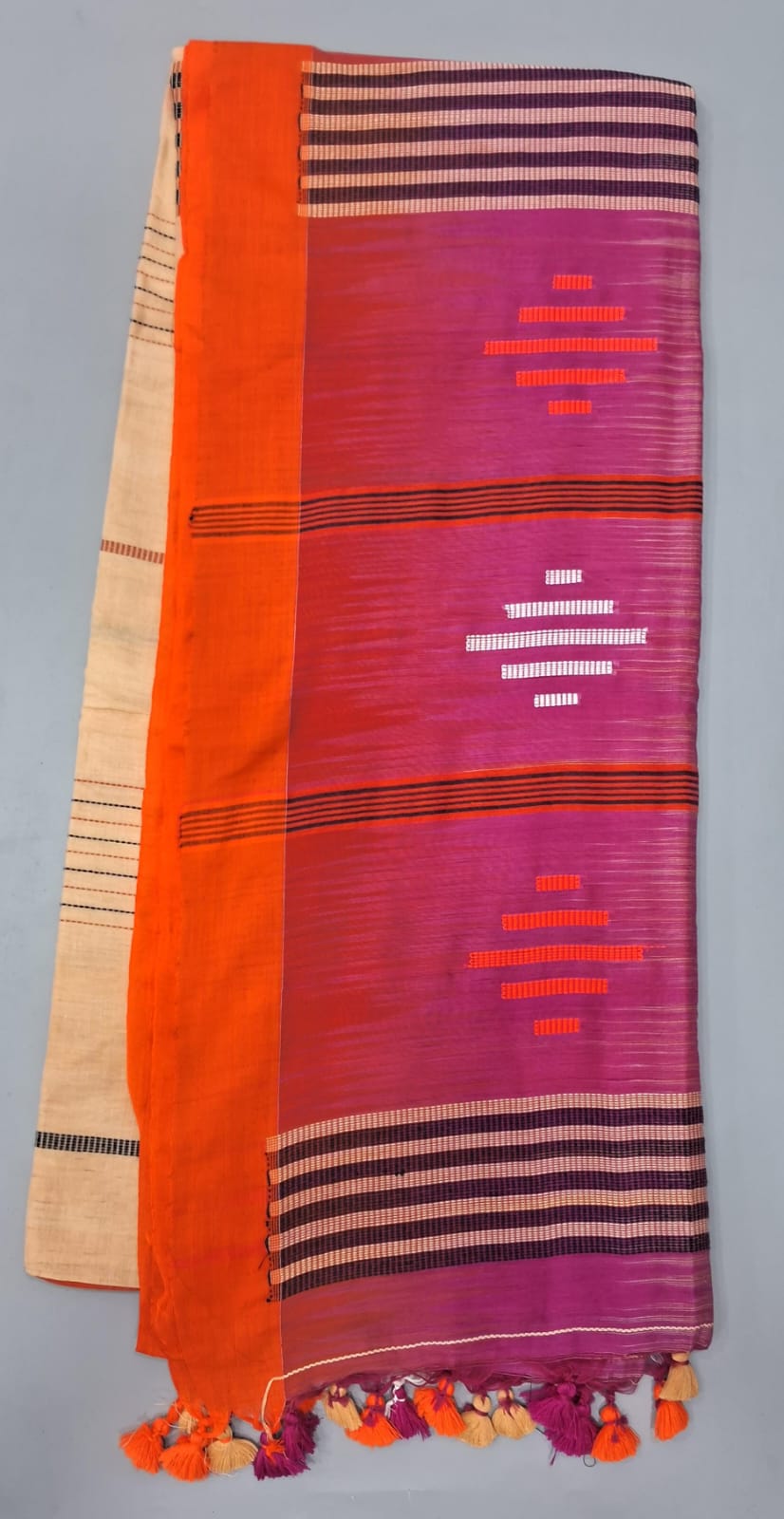 Pink and Cream panelled Khadhi cotton saree