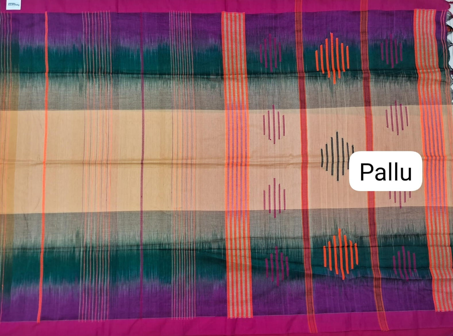 Cream and Green panelled Khadhi cotton saree