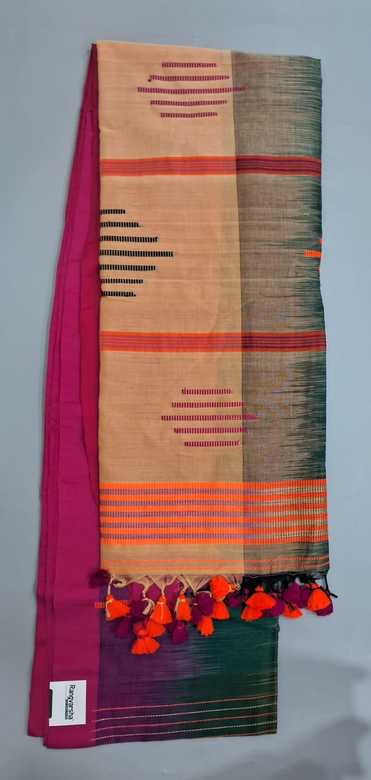 Cream and Green panelled Khadhi cotton saree