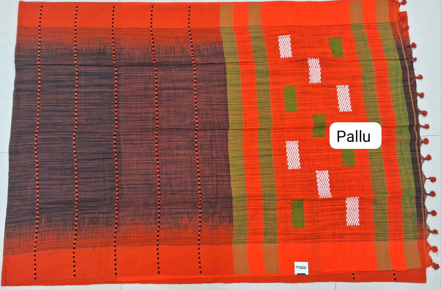 Black and Orange shaded Khadhi Cotton Saree pallu