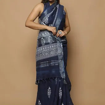 Navy Blue Linen Saree