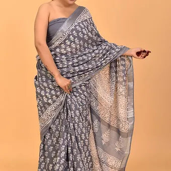 Dark Grey Linen Saree