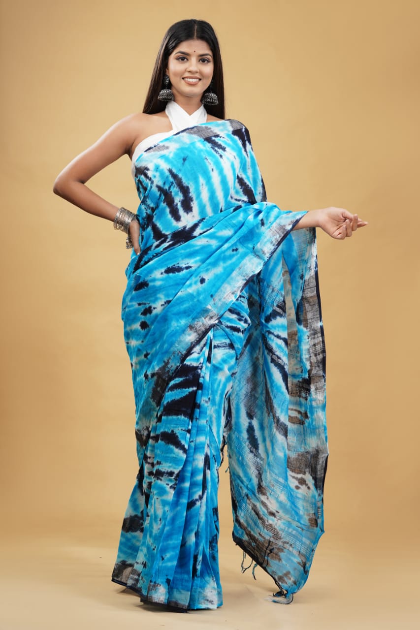 Turquoise blue with dark blue and white shibori linen saree