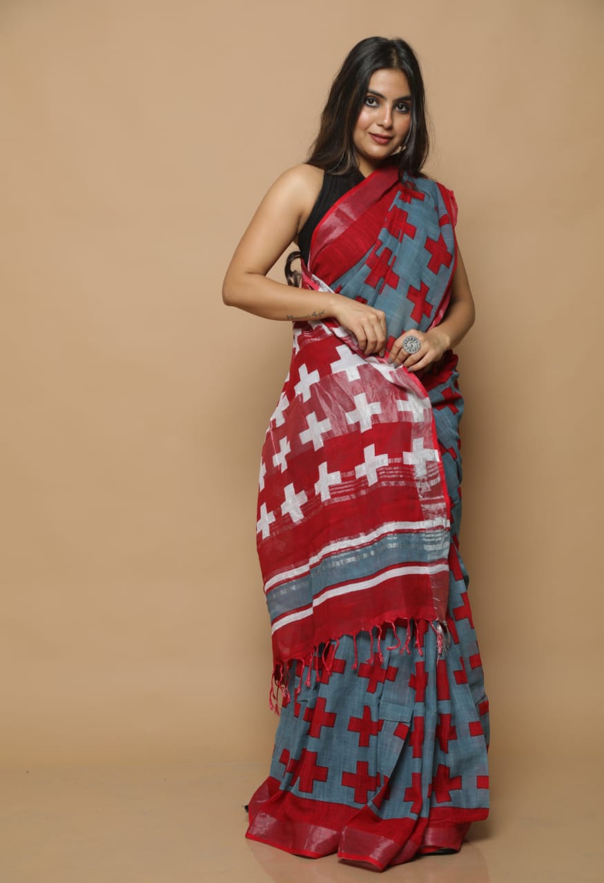 Metal grey Linen Saree