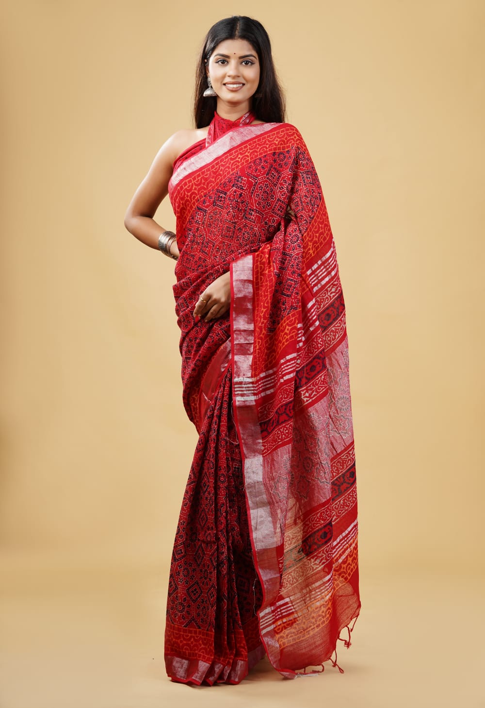 Fire red Linen Saree