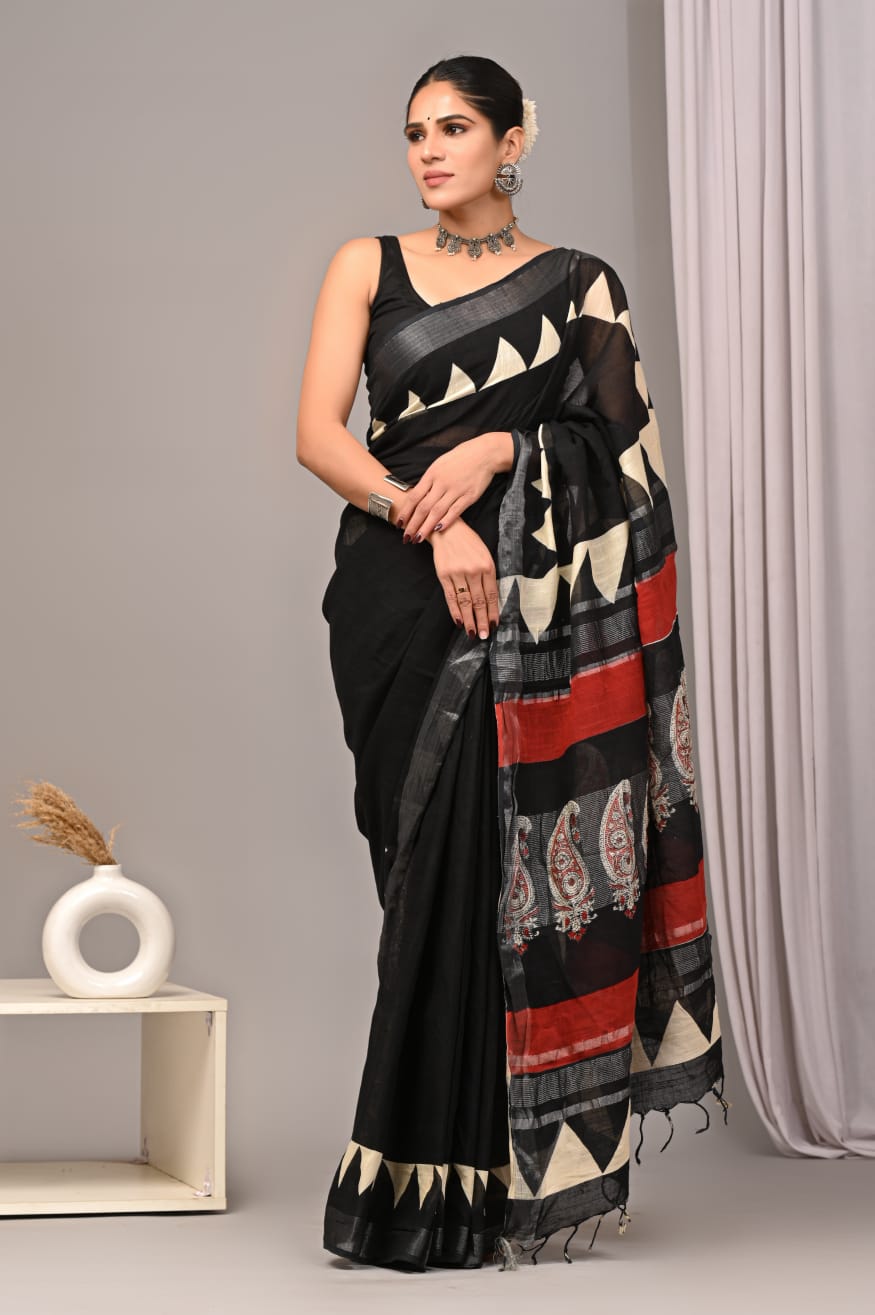 Black Linen Cotton Saree
