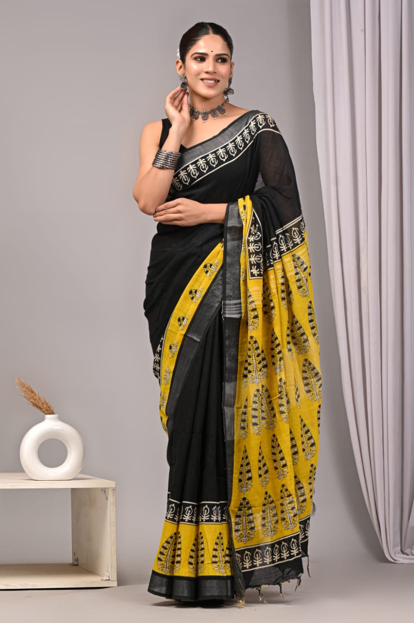 Black Linen Cotton Saree