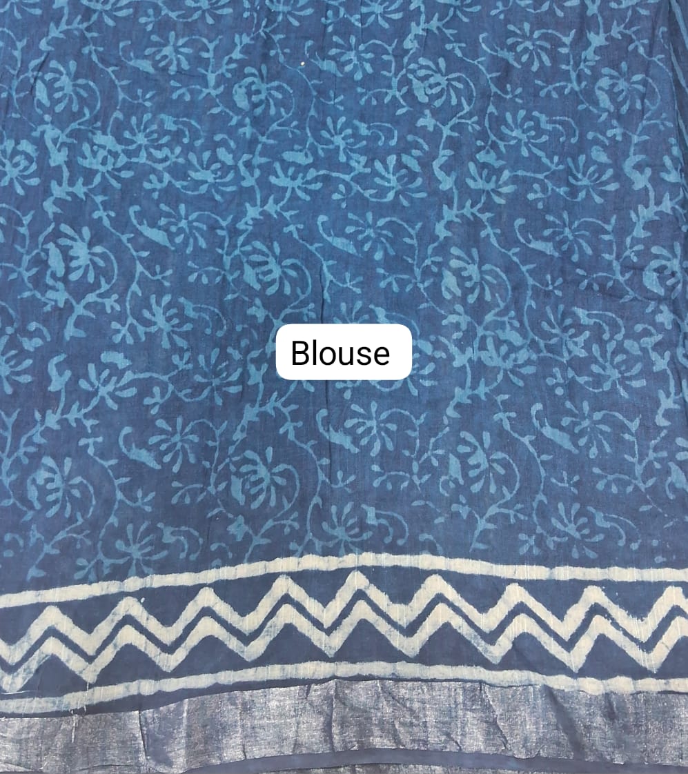 Indigo Blue Linen Cotton Saree Blouse