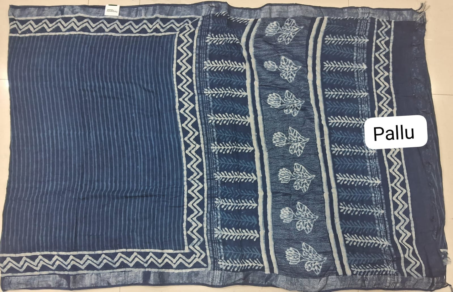 Indigo Blue Linen Cotton Saree Pallu