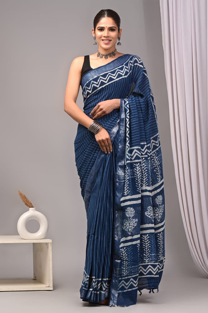 Indigo Blue Linen Cotton Saree