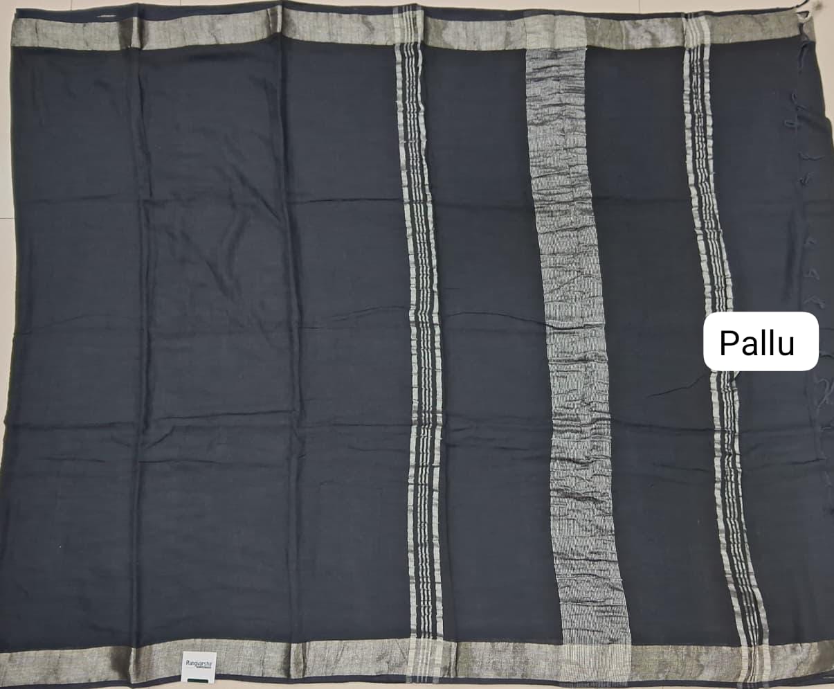 Black Plain Linen Cotton Saree pallu