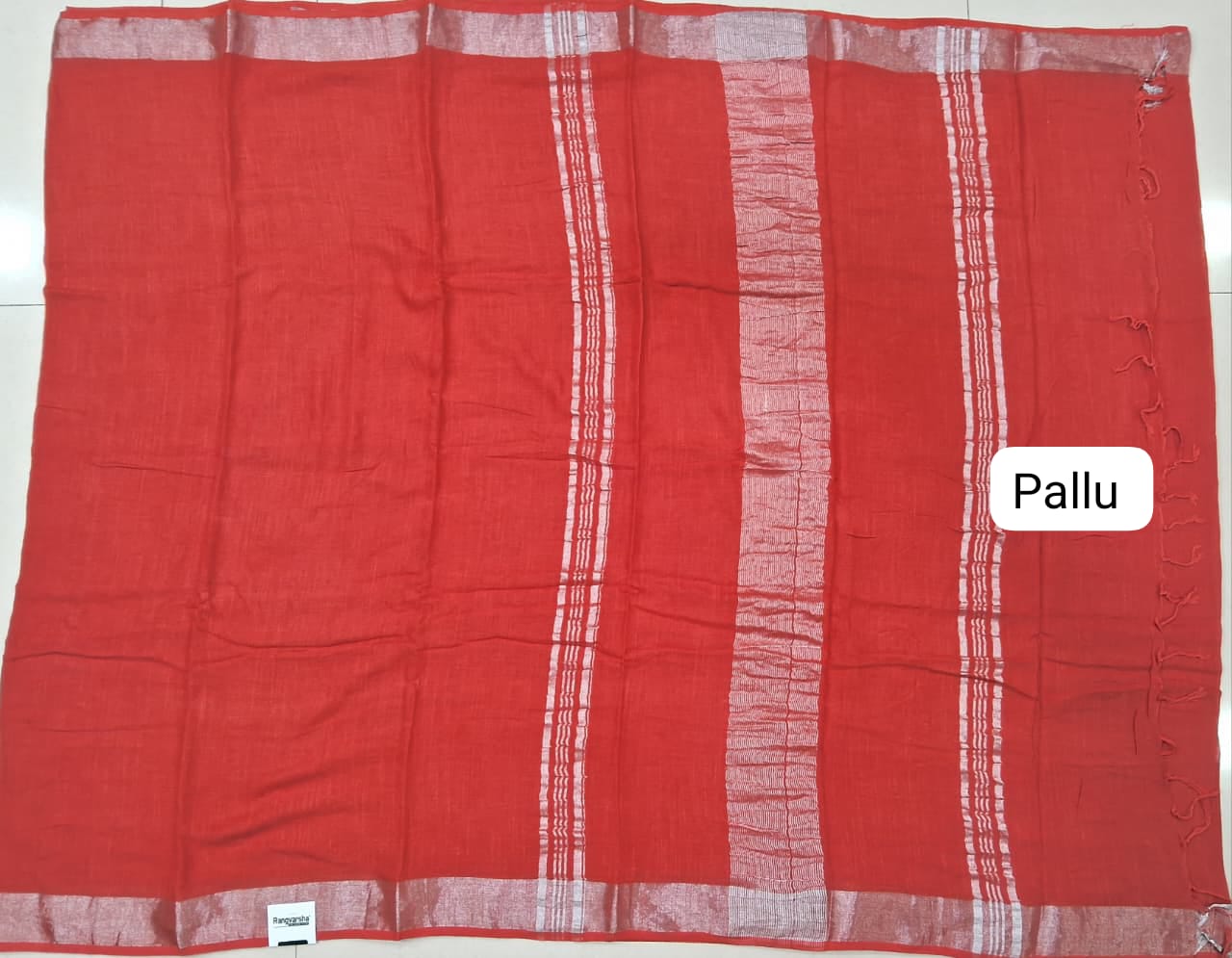 Fire Red Plain Linen Cotton Saree pallu