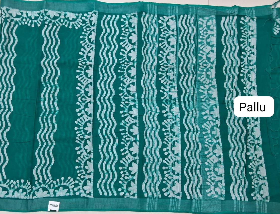 Rama Green Linen Cotton Saree pallu