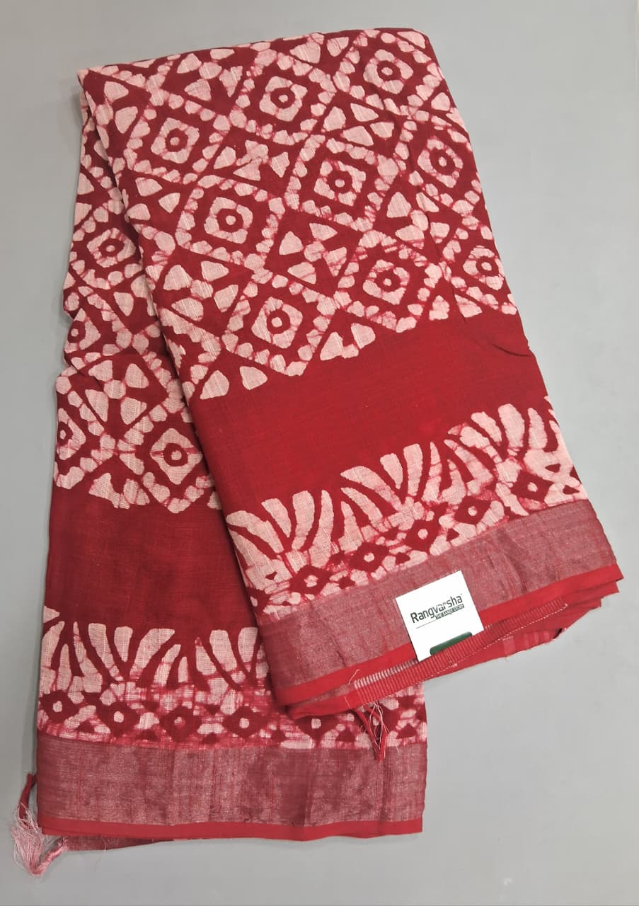 Red Linen Cotton Saree