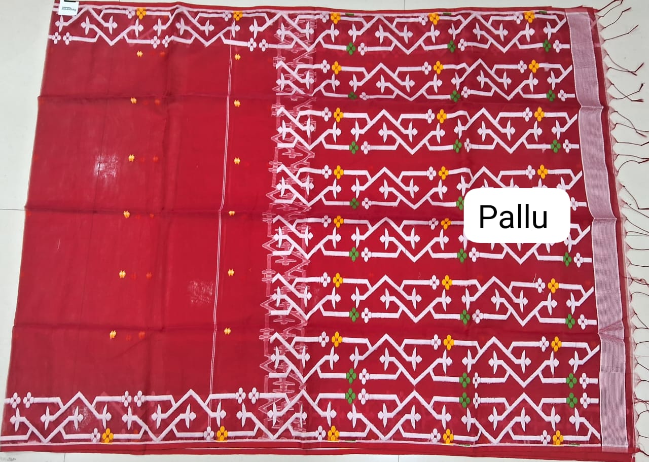 Fire Red Muslin Saree Pallu