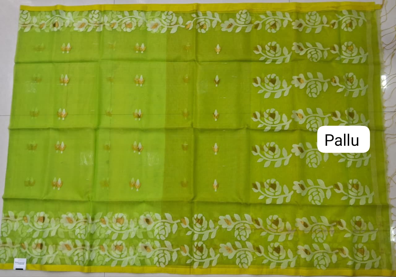 Green Jamdani woven Muslin Saree Pallu