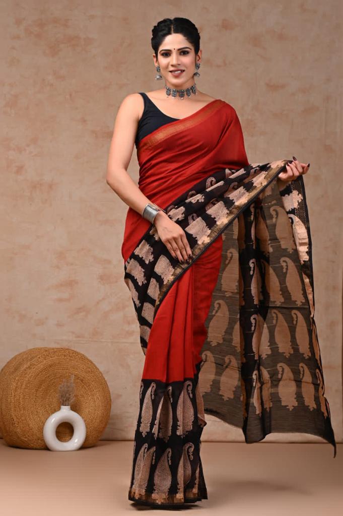 Tamato Red maheshwari silk cotton saree