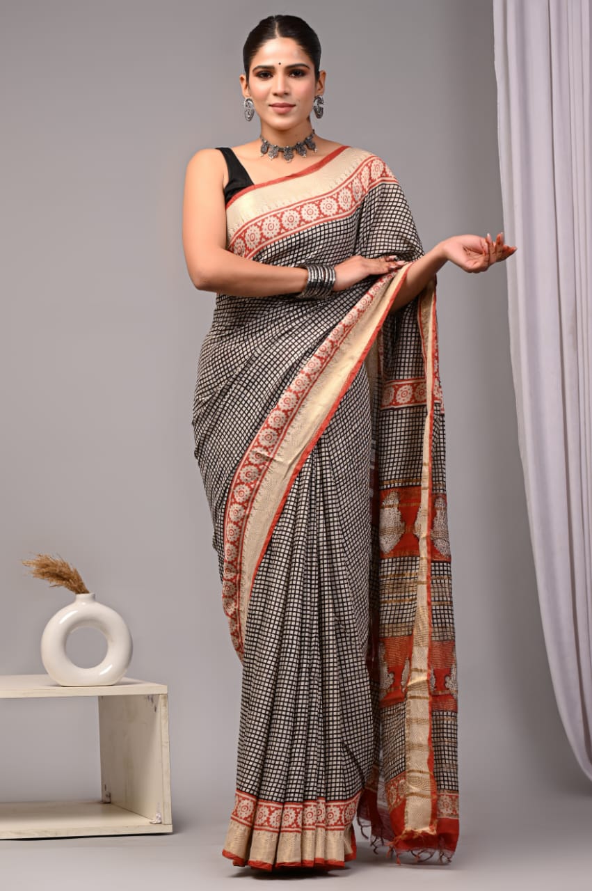 Black Maheshwari Cotton Saree