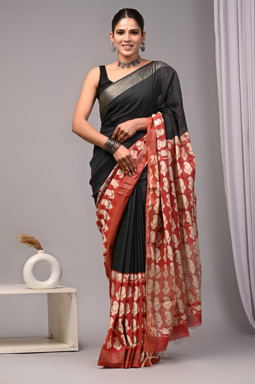 Black plain Maheshwari Cotton Saree
