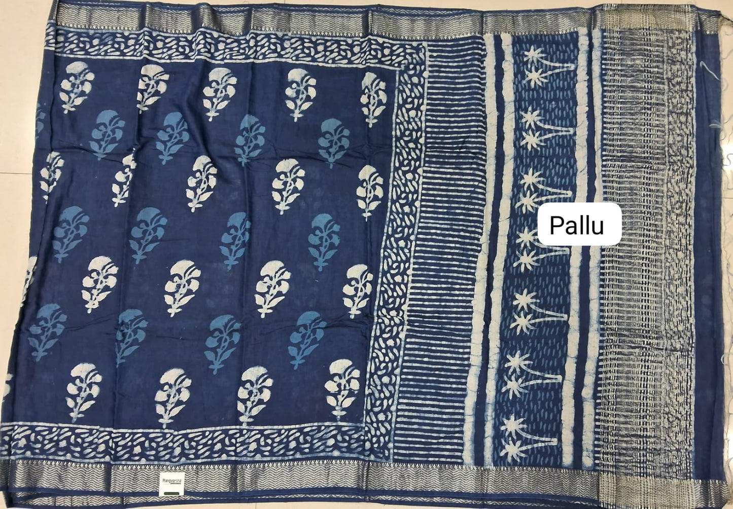 Indigo Blue Maheshwari Cotton Saree pallu