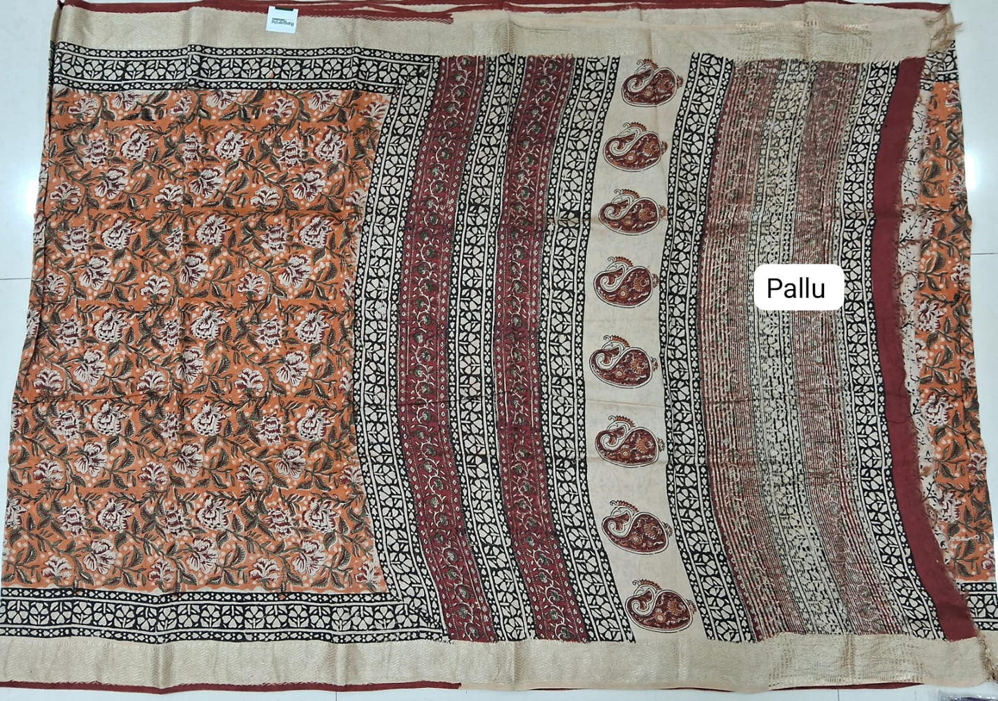 Orange Maheshwari Cotton Saree pallu