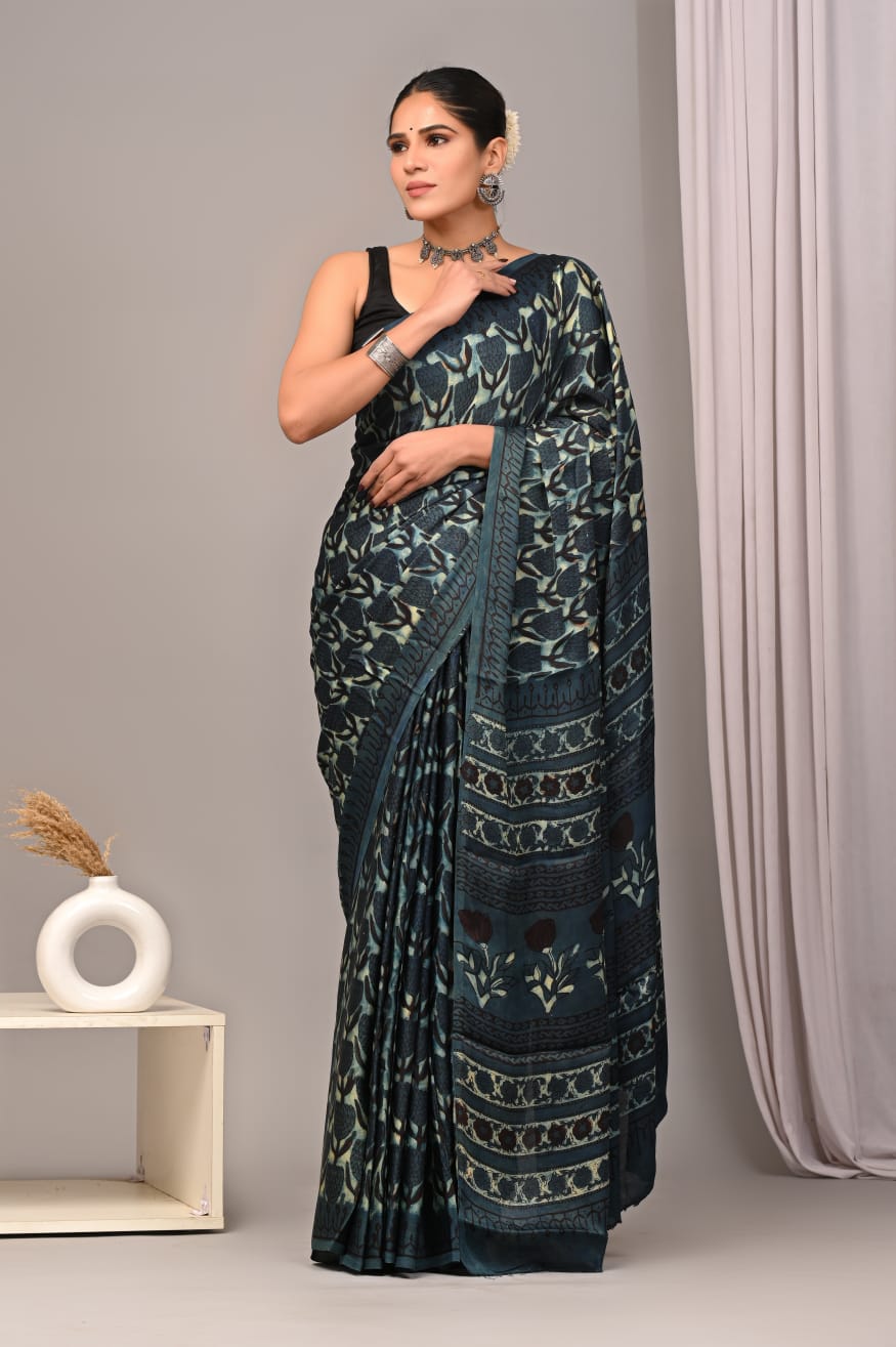 Beige with blue Modal Silk Saree