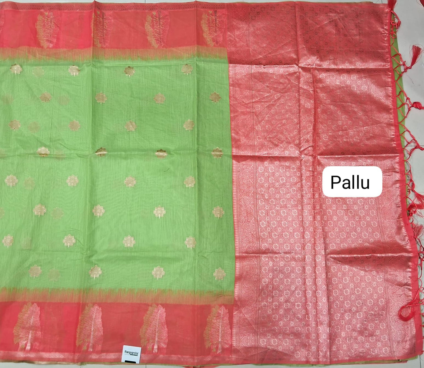 Bright Green Munga Cotton Saree pallu