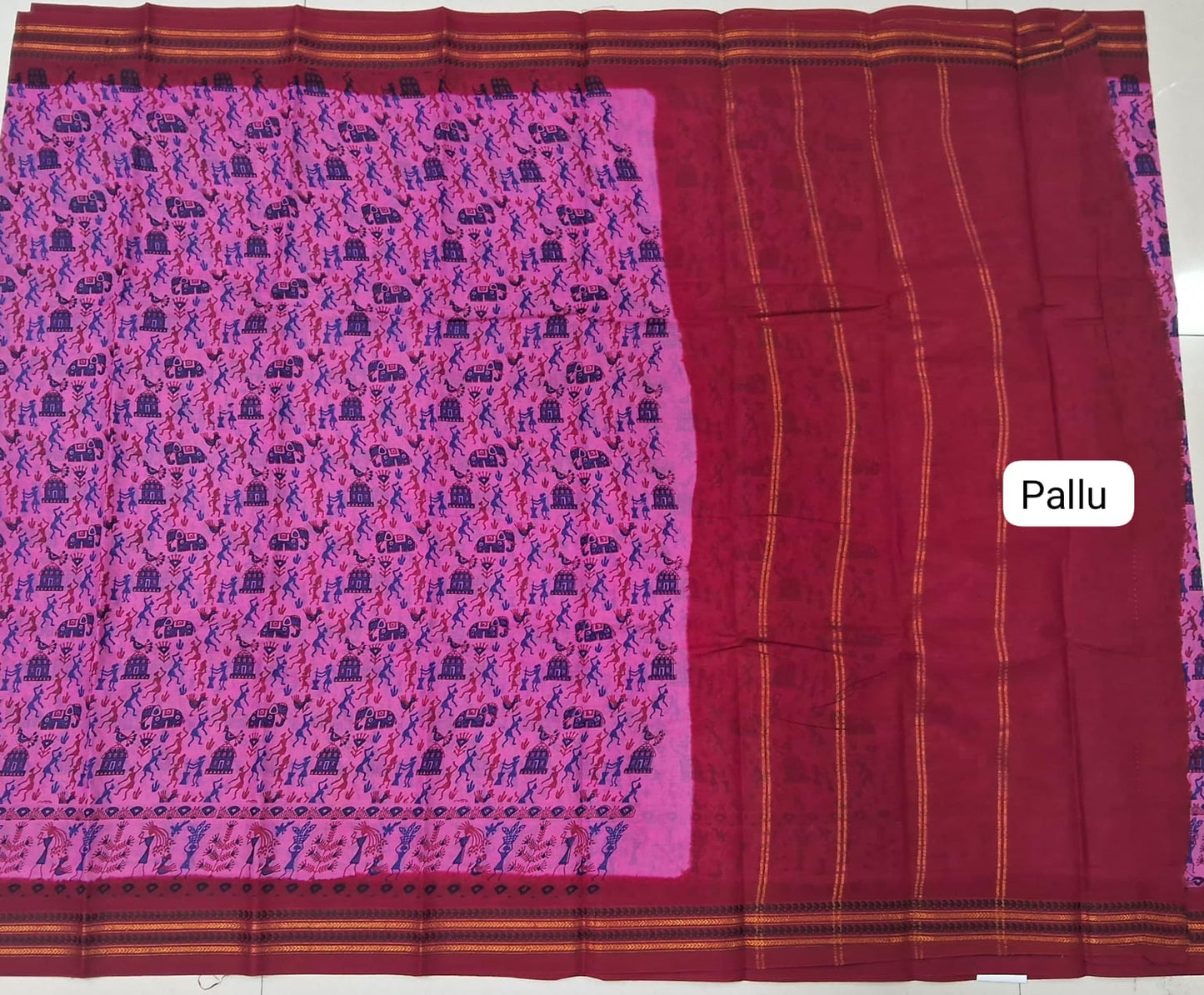 Dark Pink Sungundi Cotton Saree pallu