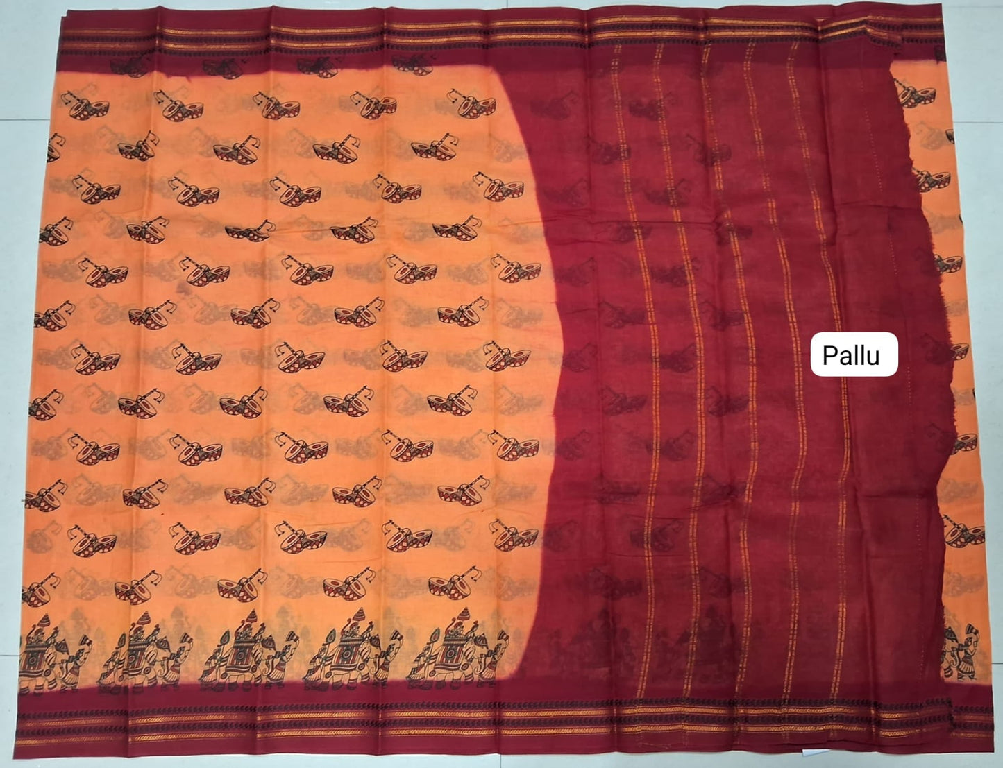 Tangerine Orange Sungundi Cotton Saree