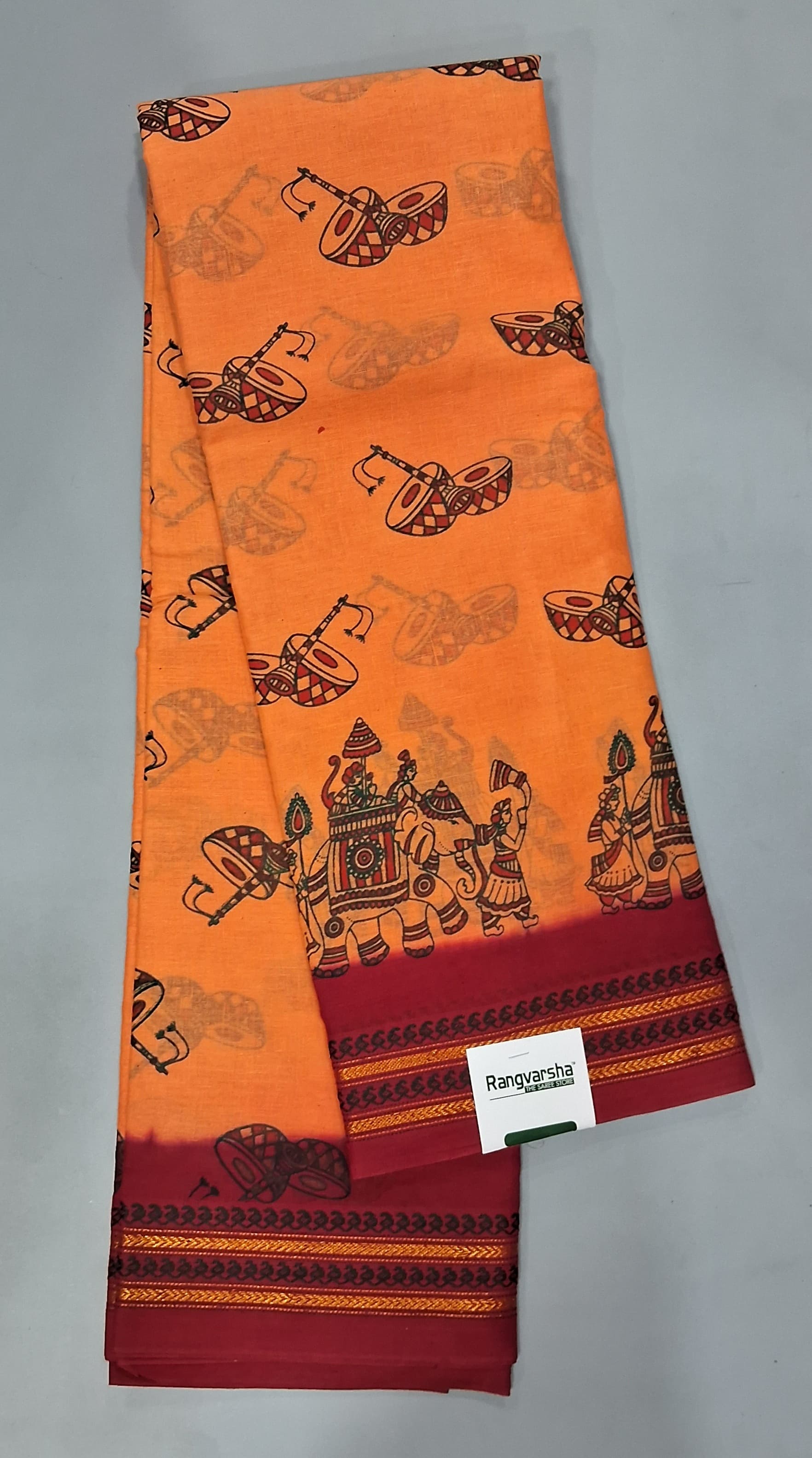 Tangerine Orange Sungundi Cotton Saree