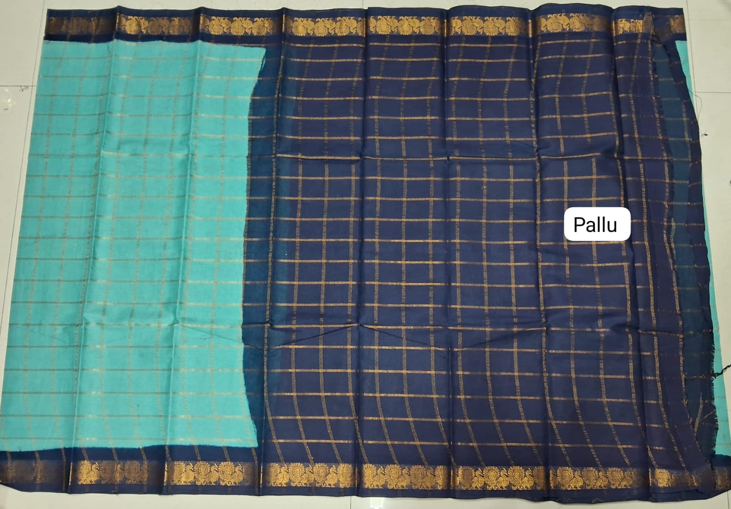Aqua Blue Sungundi Cotton Saree pallu