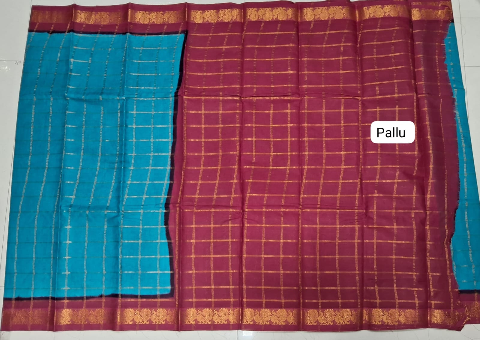 Teal Blue Sungundi Cotton Saree pallu