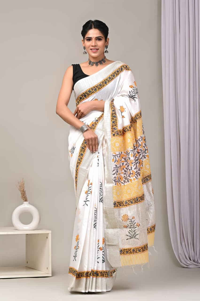 Elegant White Maheshwari Cotton Saree for Festive Wear