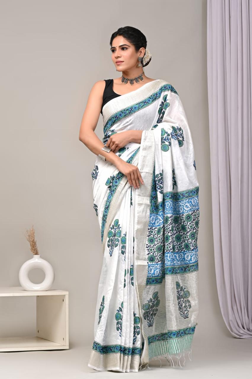 White Maheshwari Cotton Saree