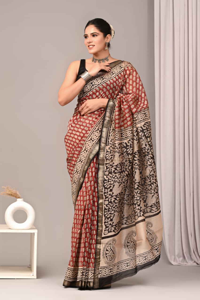 Brick Red Maheshwari Silk Cotton Saree