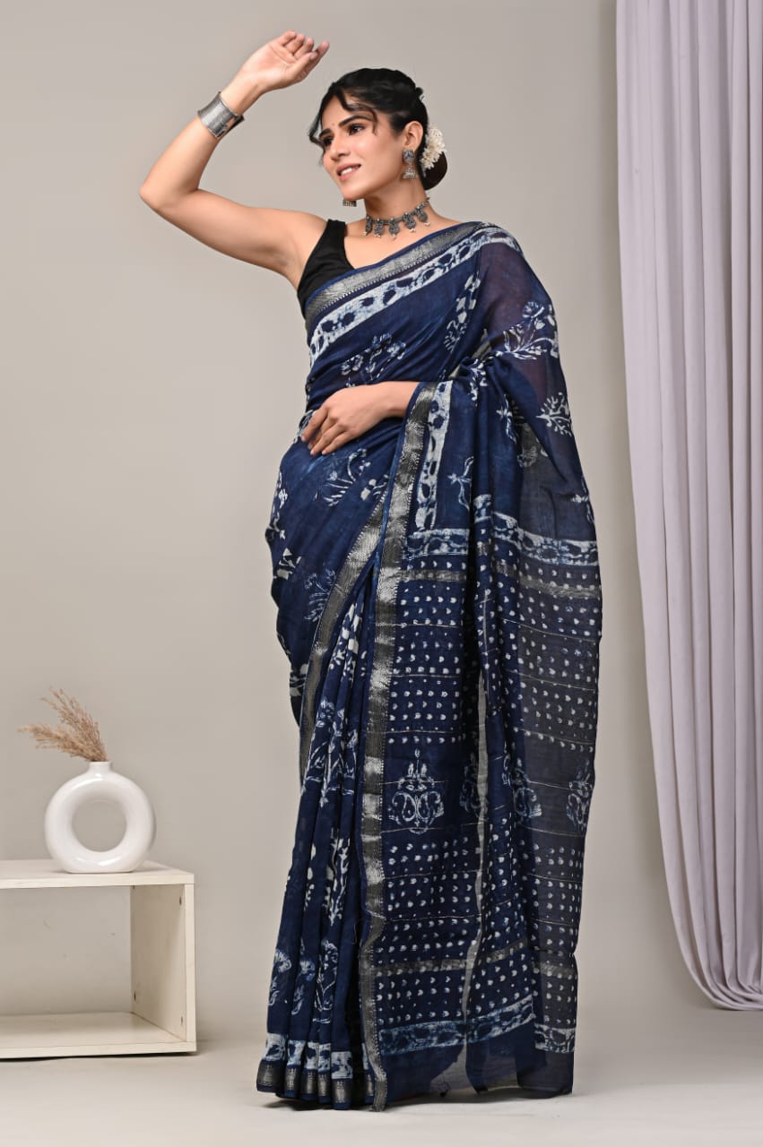 Indigo Blue Maheshwari Silk Cotton Saree