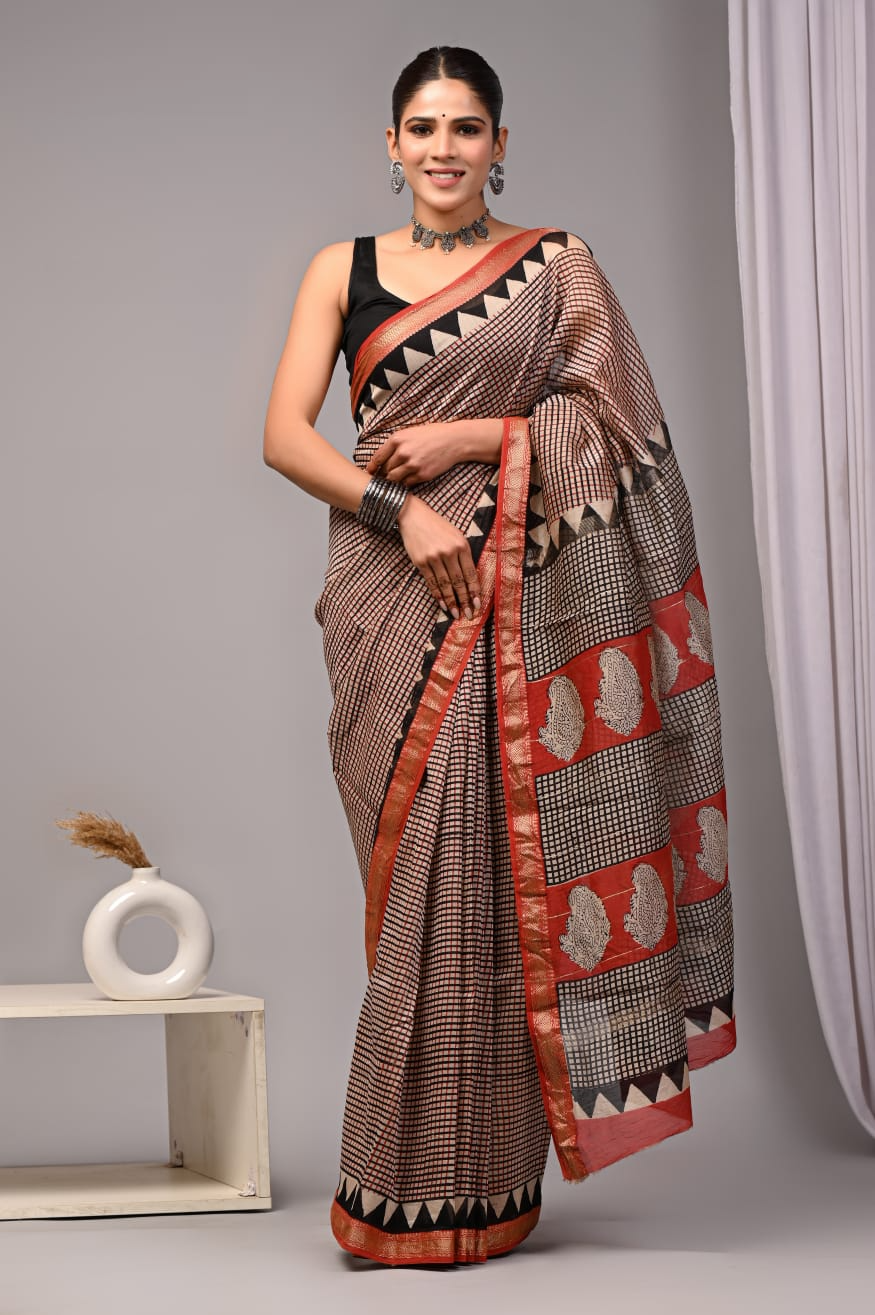 Cream Maheshwari Silk Cotton Saree