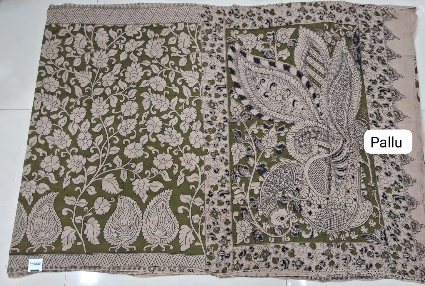 Olive Green kalamkari Cotton Saree pallu
