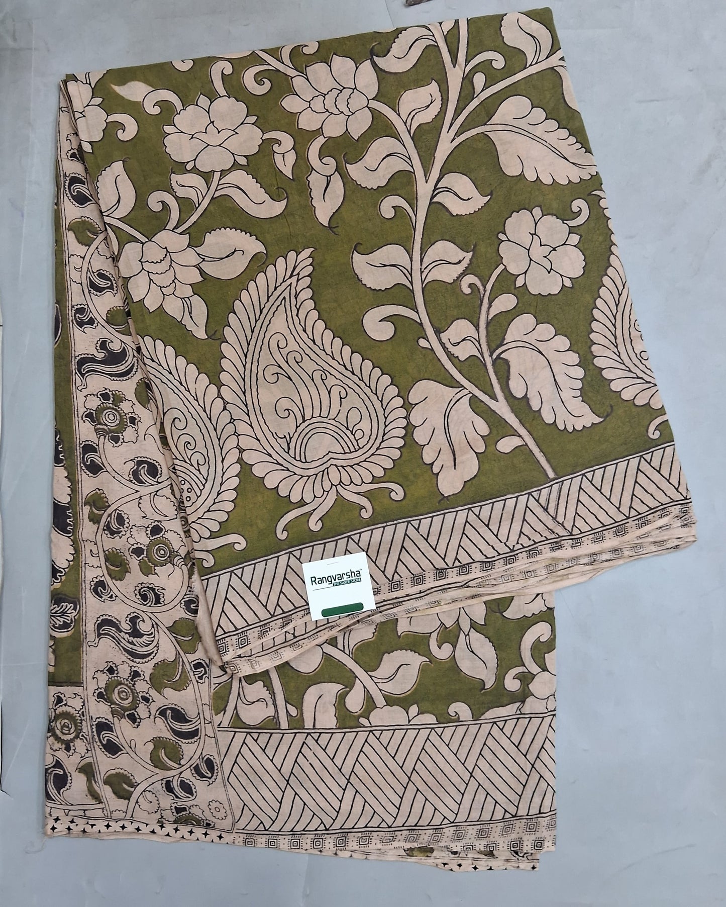 Olive Green kalamkari Cotton Saree