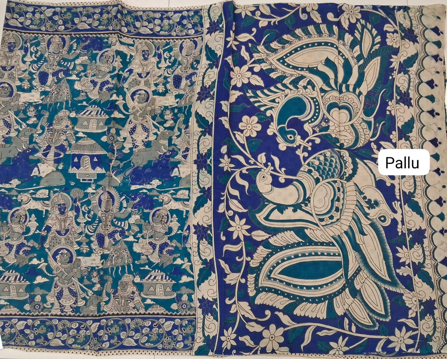 Teal Blue Cotton Saree pallu