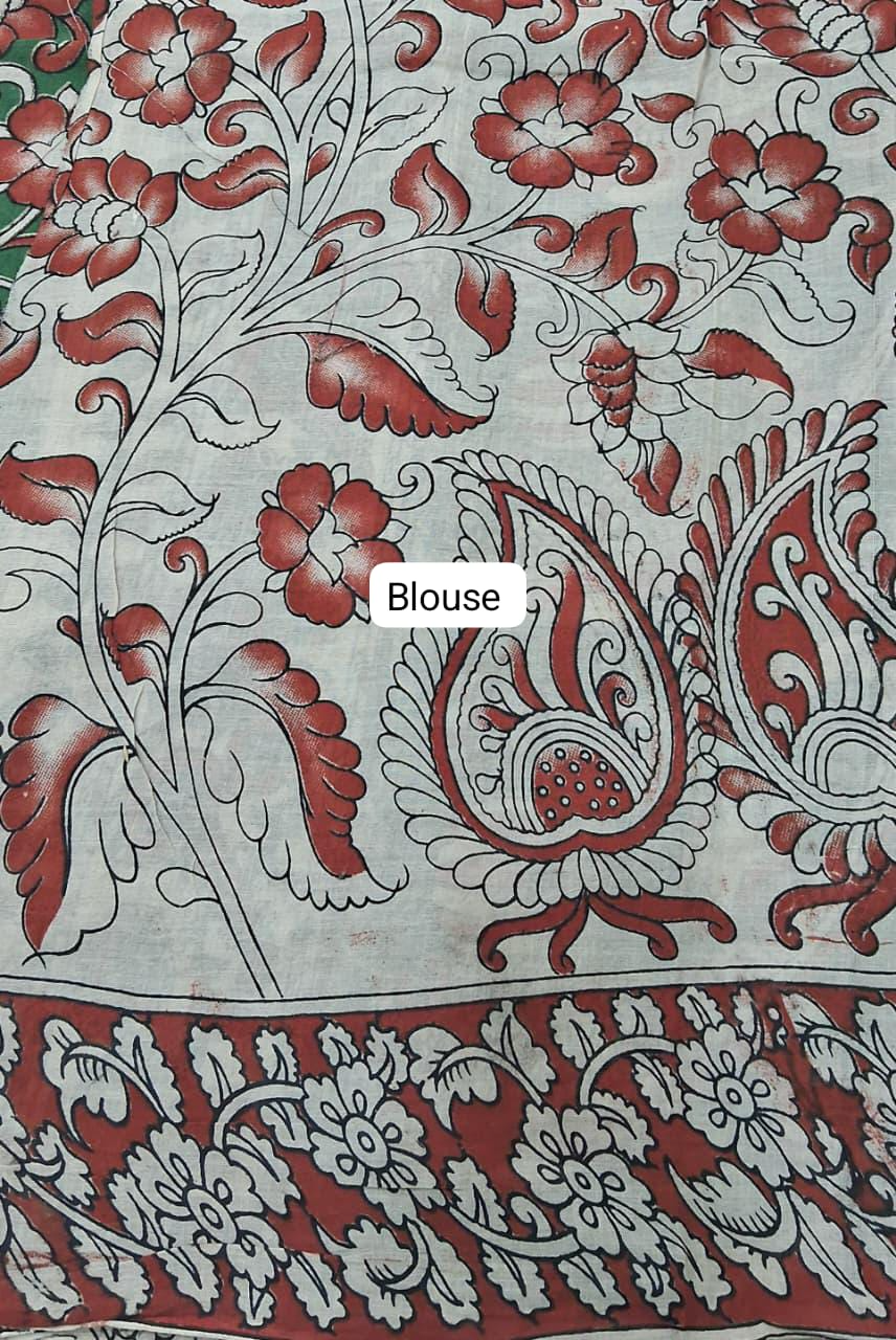 Seafoam Green Kalamkari Cotton Saree blouse