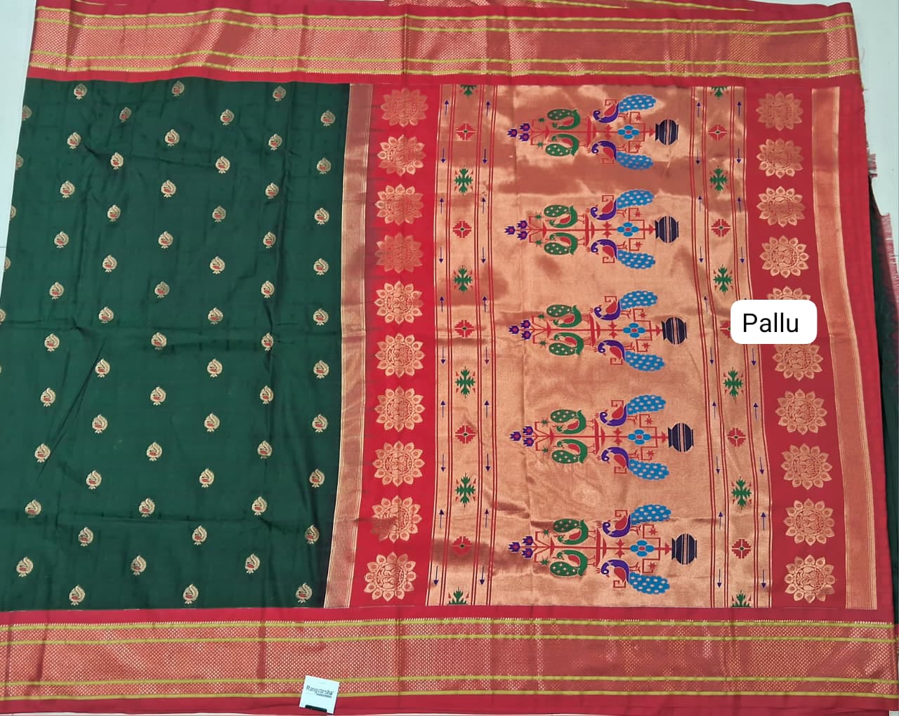 Bottle Green Paithani Semi Silk Saree Pallu