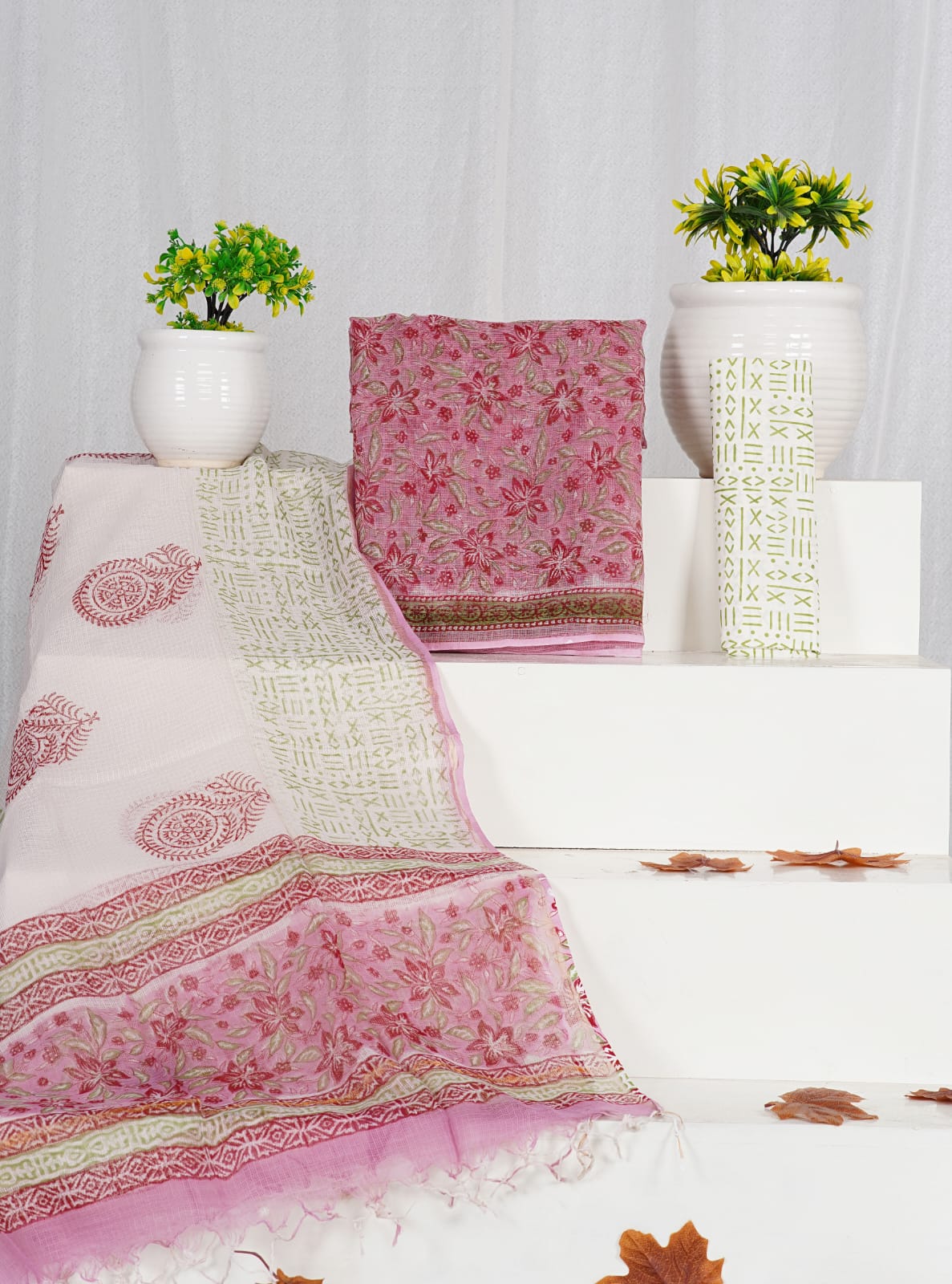 Salmon Pink with Red,Green flower printed kota dress material