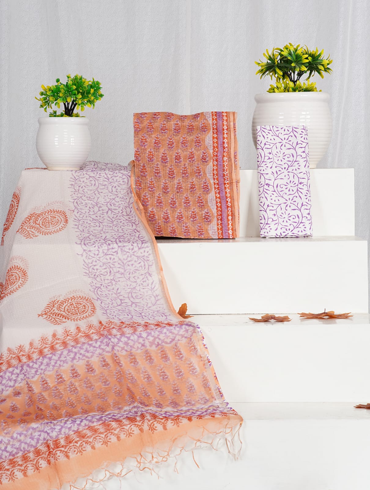 Peach with Orange flower printed kota dress material