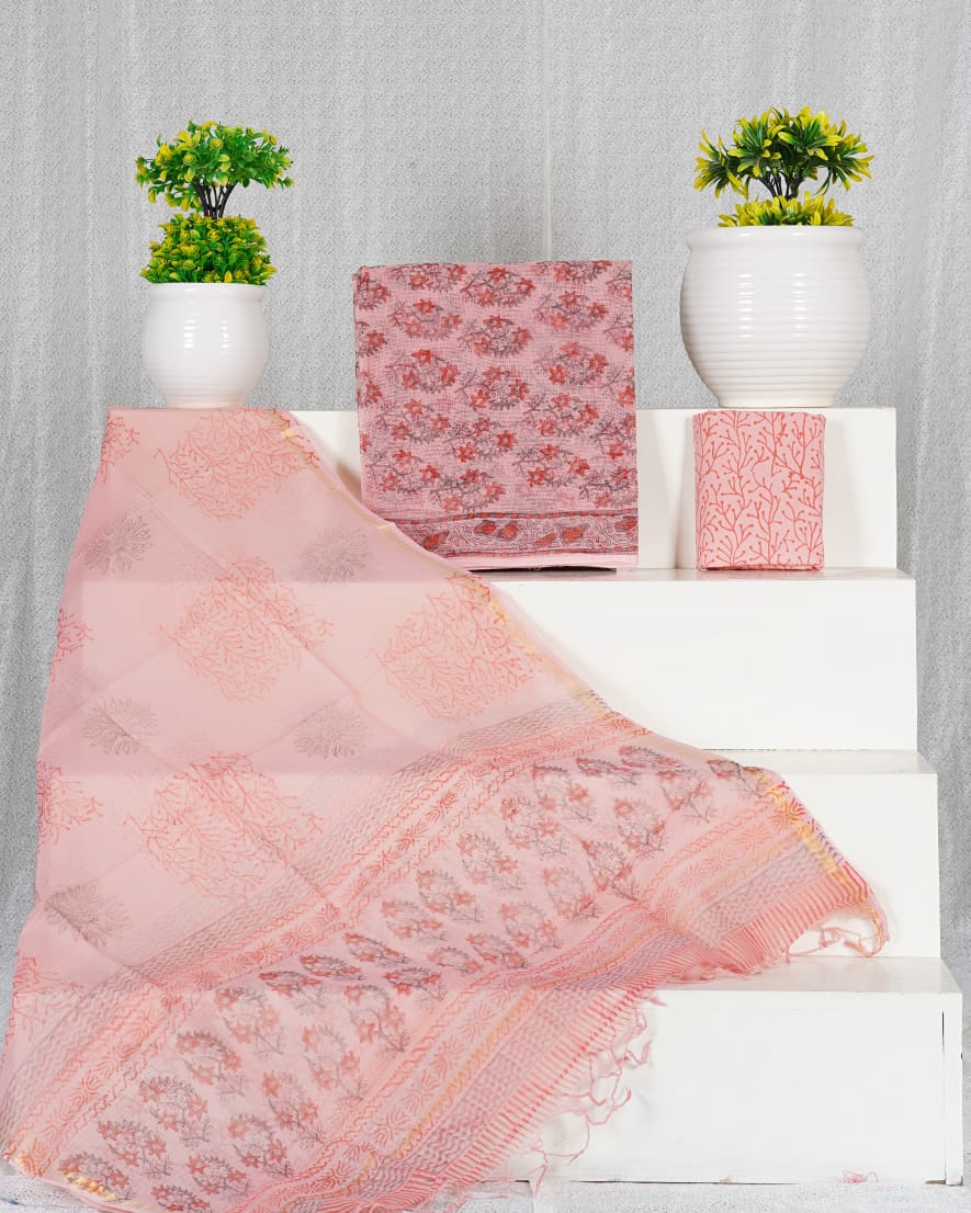 Peach and grey flower printed kota dress material