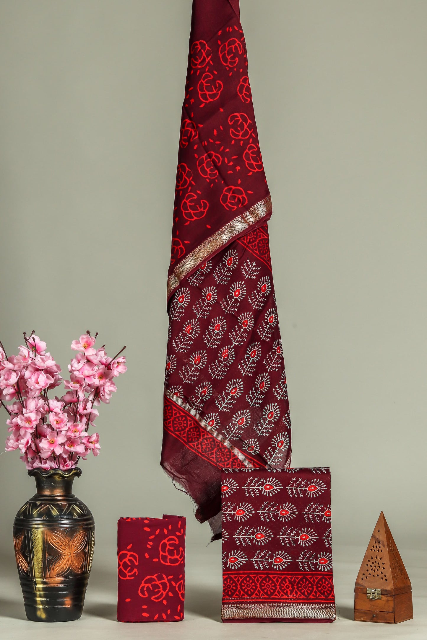 Maroon with Cream Leaf printed maheshwari top