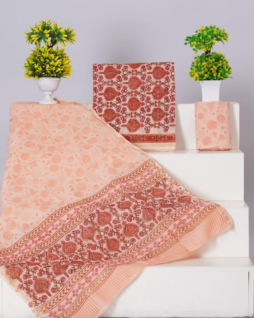 Peach with Dark Peach flower printed chanderi top