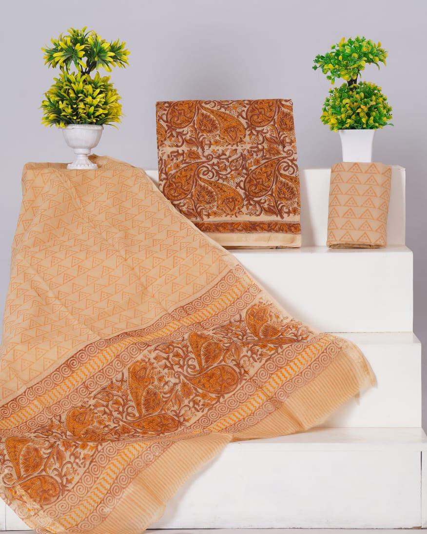 Beige with Brown paisley printed chanderi top